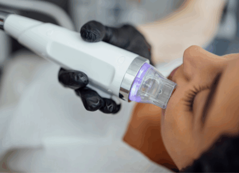 Microneedling with RF treatment targeting the lower face with a glowing handheld device.