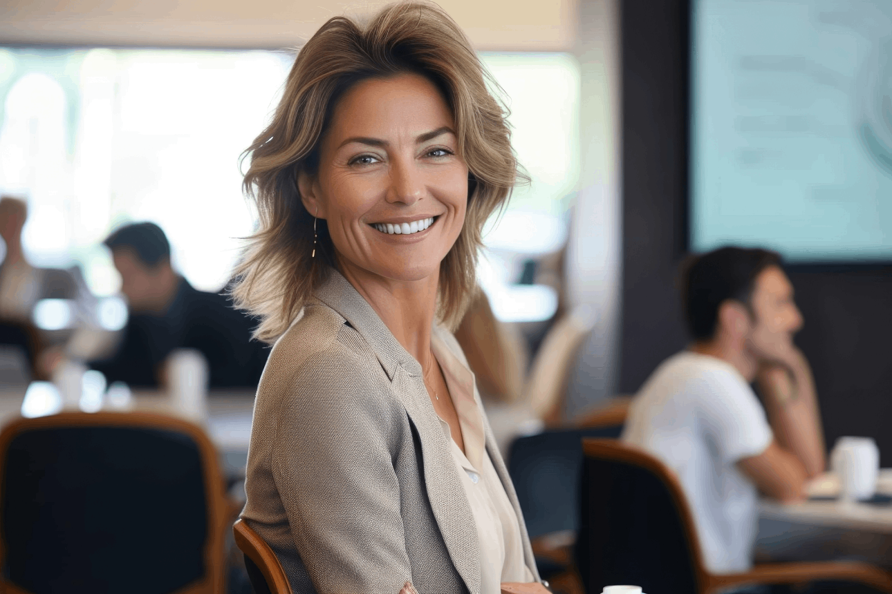 woman smiling in an office after having custom facials