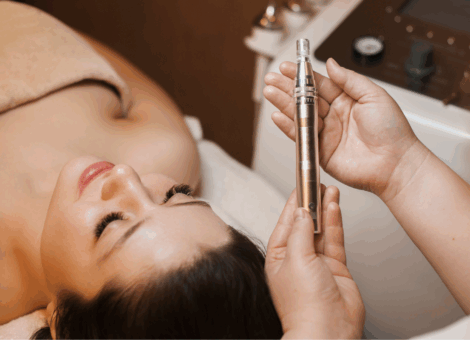 RF microneedling device being prepared before treatment on a woman lying in a spa setting.