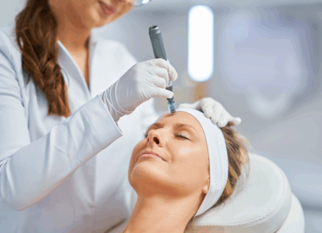 Jeuveau injections gently applied to woman’s forehead in aesthetic clinic by licensed professional.