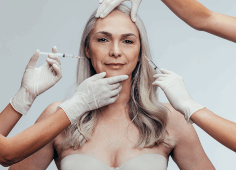 Best botox option for sweating demonstrated with multiple injections on a mature woman’s face at a clinic.