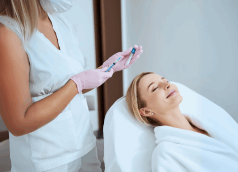 PRP hair restoration treatment being injected into a woman's scalp by a specialist wearing pink gloves.