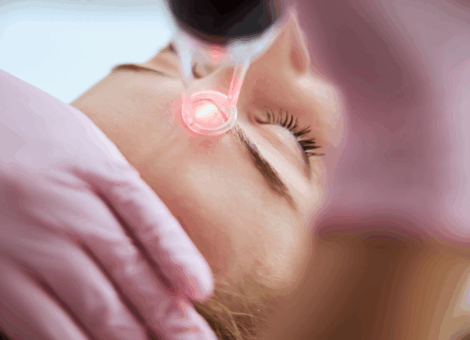 Hyperpigmentation removal treatment using a focused laser device near a woman’s eye.