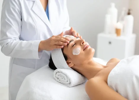 Custom facial treatment with an esthetician applying skincare cream to a relaxed client's forehead and cheek at a medical spa.