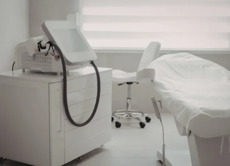 Laser hair removal treatment room with a laser machine, stool, and white treatment bed in a clean, brightly lit medical spa.