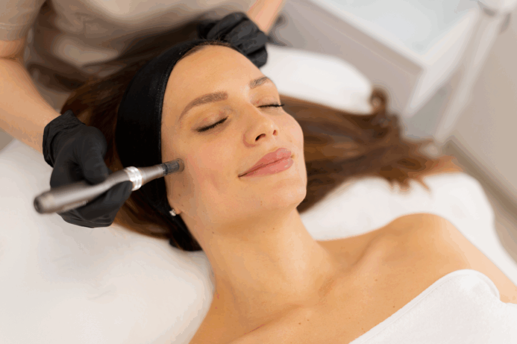 Full-face botox session with a woman receiving a skin treatment on her cheek by a gloved aesthetician.