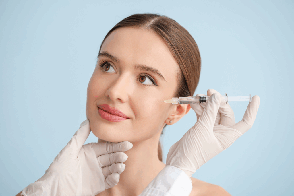 Fine lines botox injection administered to a smiling woman’s temple by a medical professional in white gloves.