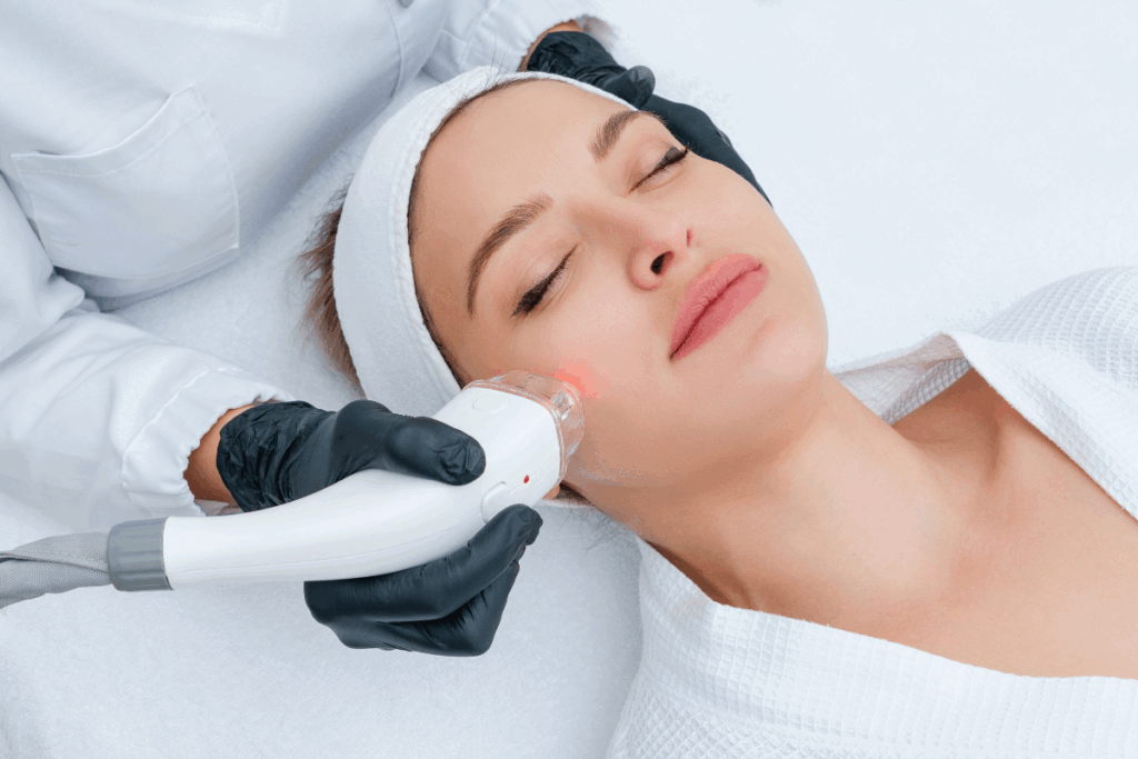 Morpheus8 specialist performing facial skin treatment with RF device on a relaxed woman in white robe.