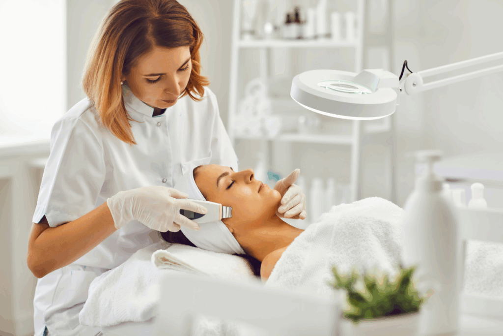 Treatment for deep wrinkles on the face using modern skincare device applied to woman’s cheek area.