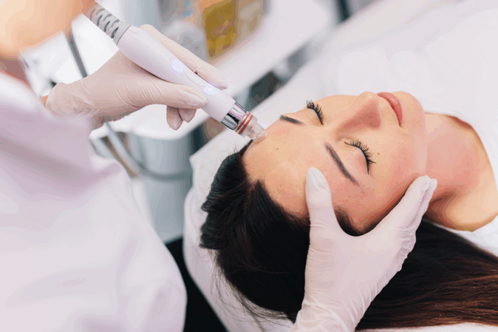 RF facial treatment being administered to a woman’s forehead using a radiofrequency microneedling device.