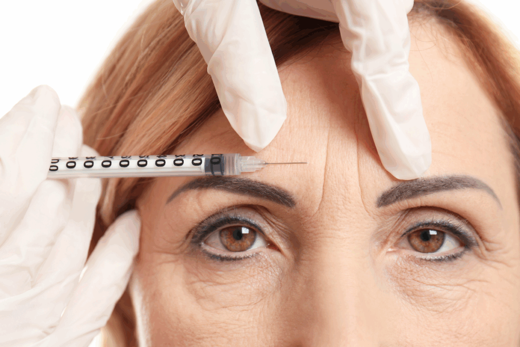 Botox for hyperhidrosis being prepared with a syringe aimed at forehead sweat lines on a mature woman.