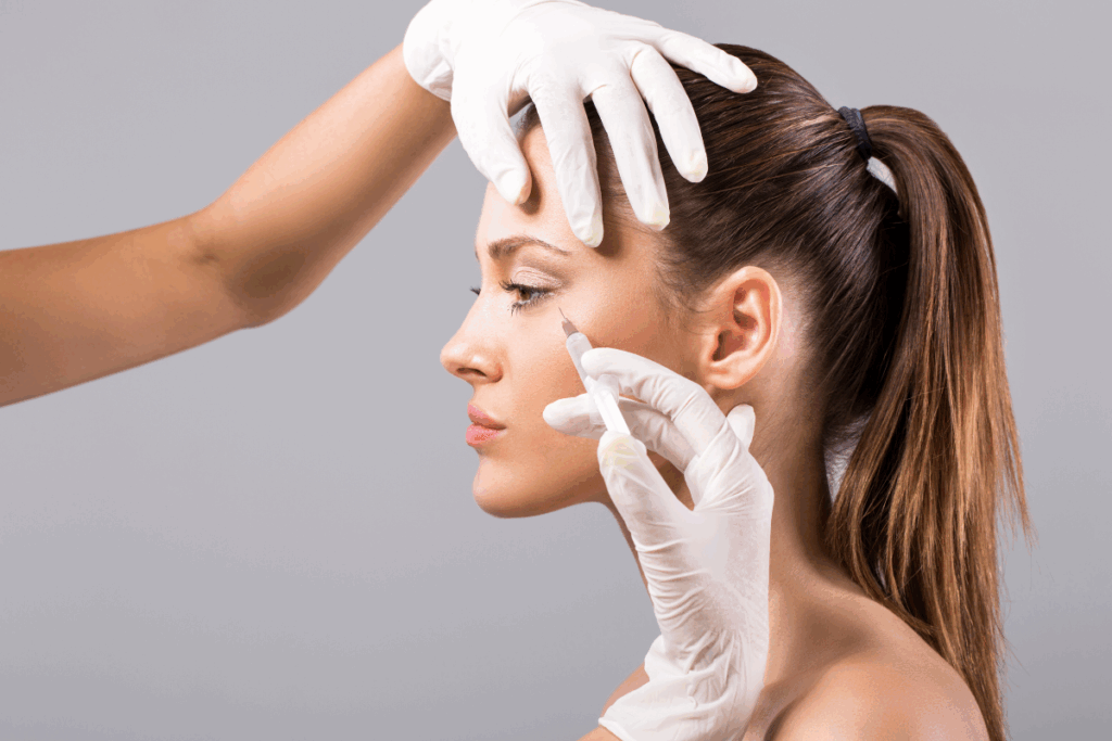 Facial wrinkle care procedure with a woman receiving a precise botox injection near the outer eye area.