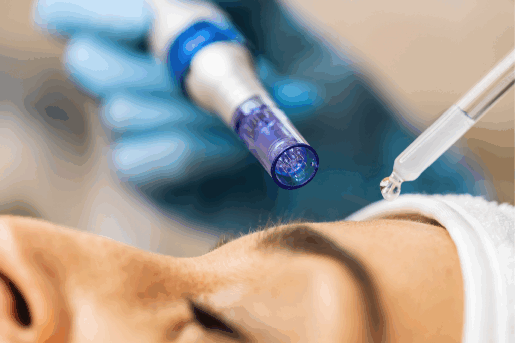 Spa botox treatment with serum application and microneedling near a woman’s eyebrow area.