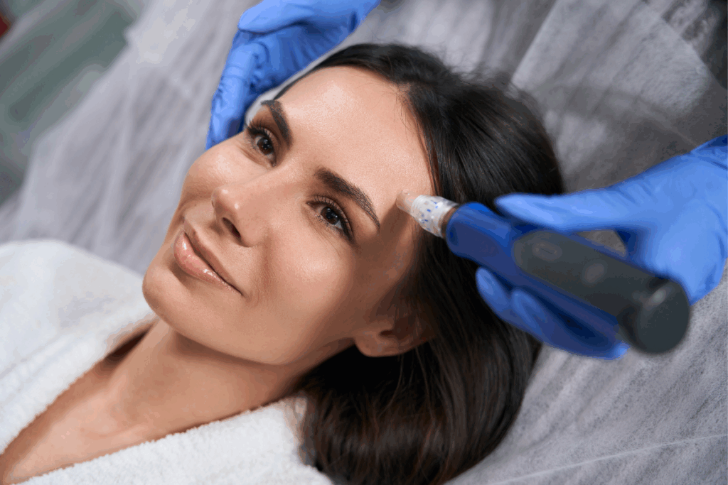 Botox face lift procedure using a microneedling device on a smiling woman’s forehead at a med spa.