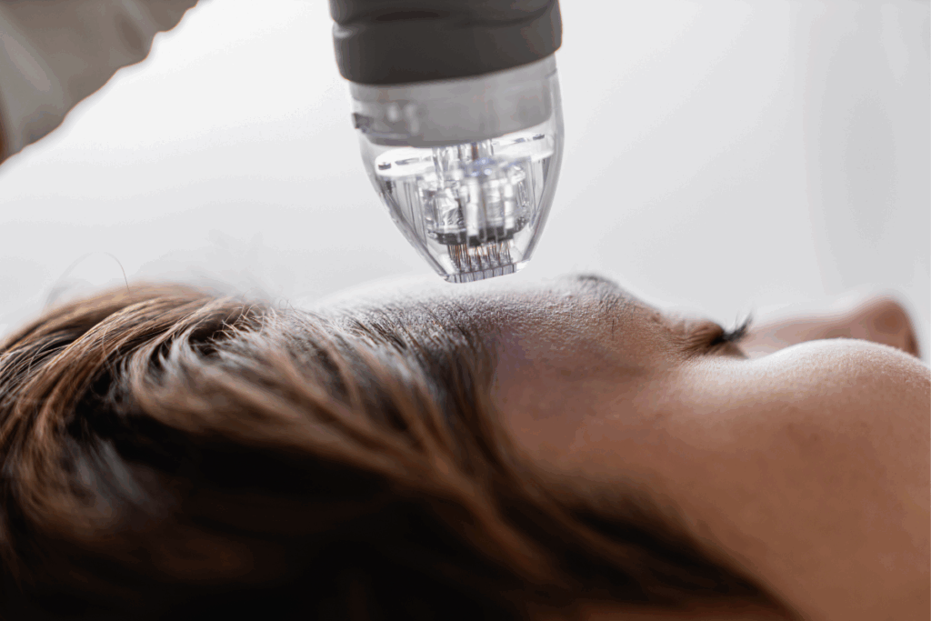 Eyebrow filler for men applied using precision device to smooth forehead lines in clinical setting.