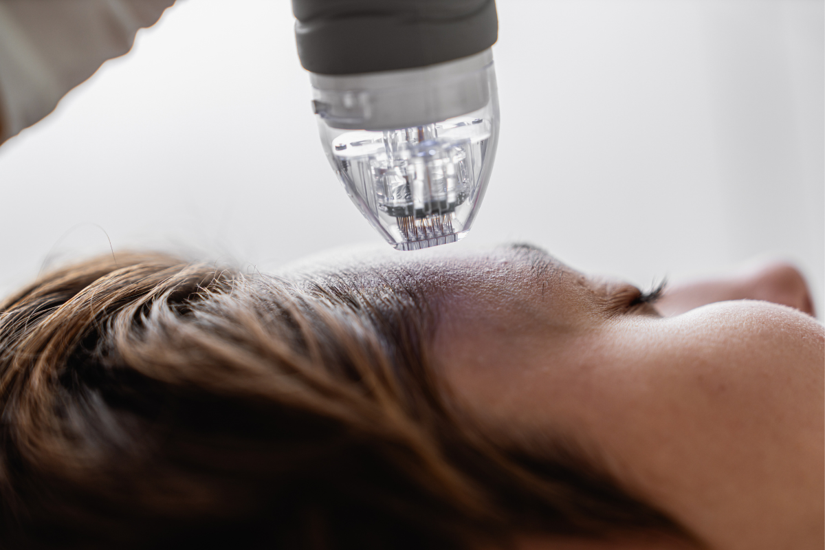 Non-surgical face tightening procedure using an RF microneedling device on the forehead of a patient.