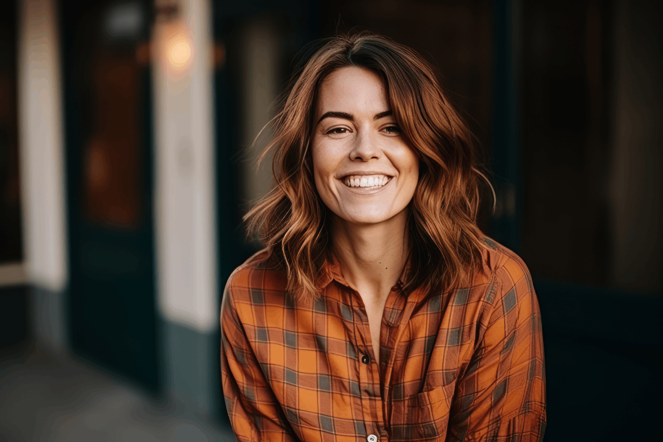 Lady with brown hair and orange plaid button up shirt after receiving Dermaplaning