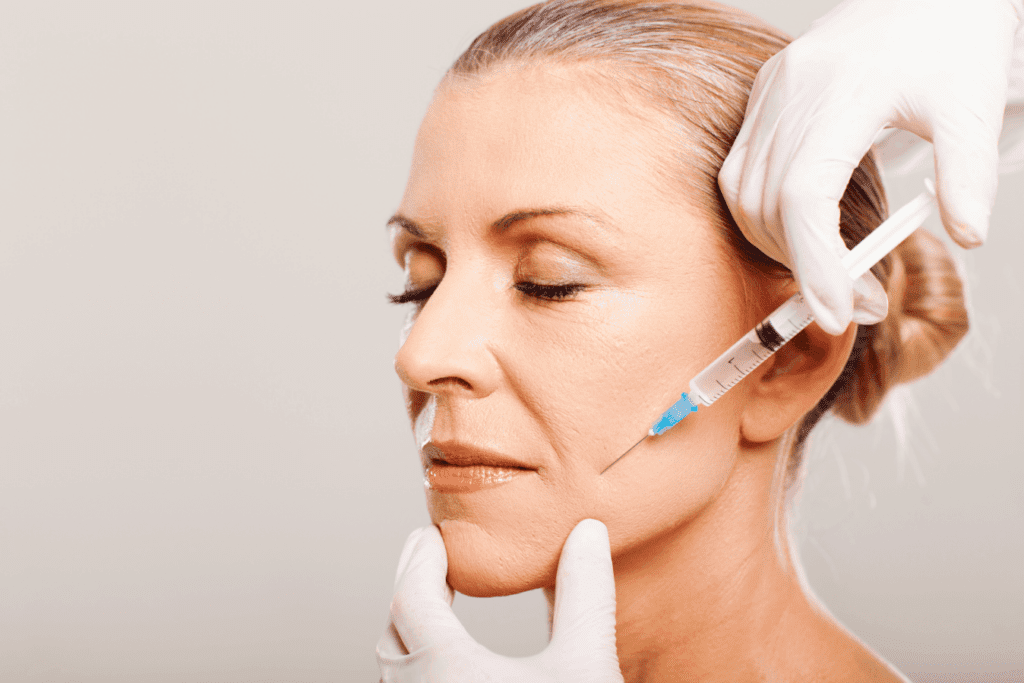 Best wrinkle filler injection targeting cheek lines in close-up aesthetic procedure with gloved hands.