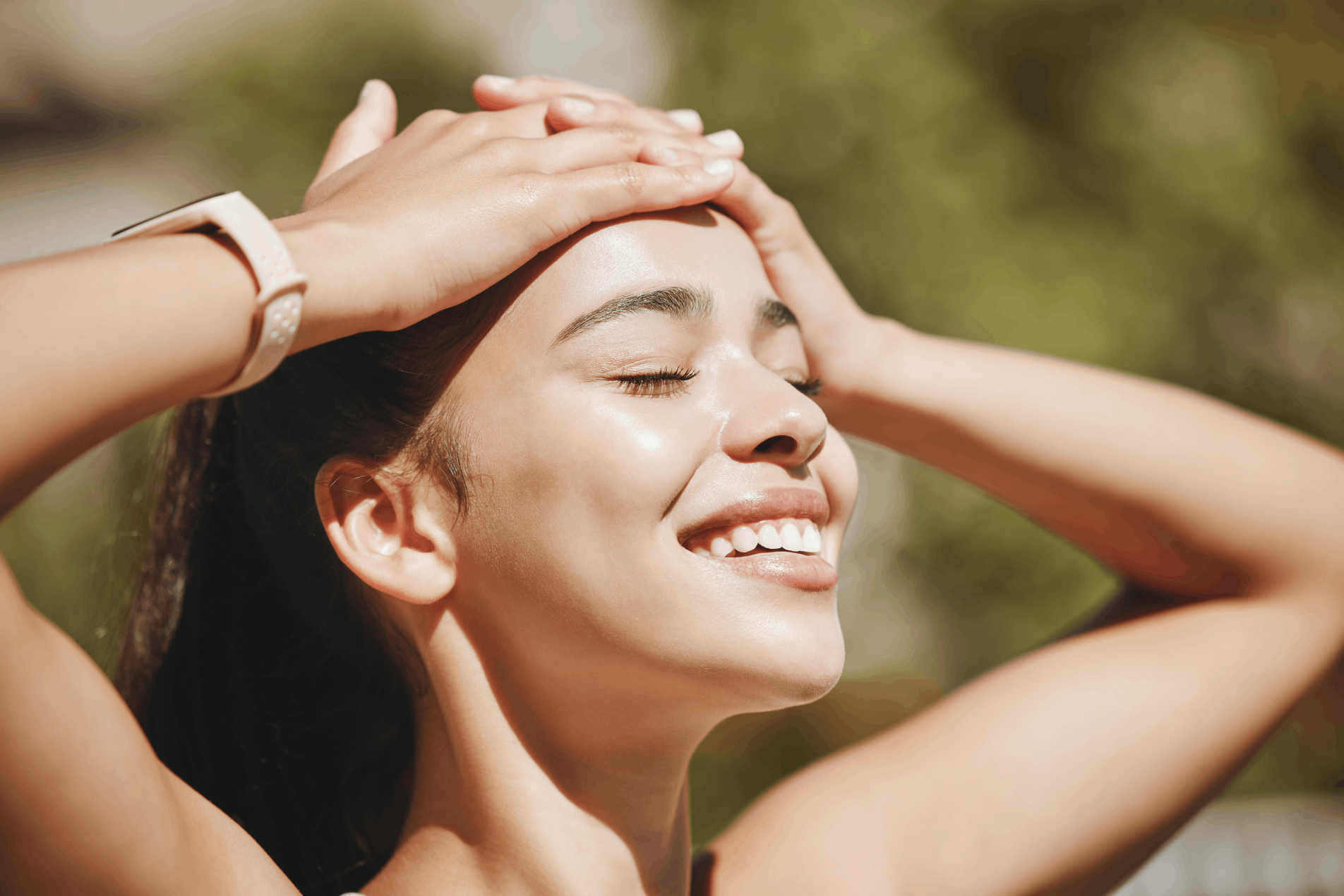 Young woman with her face in the sun after receiving chemical peels.