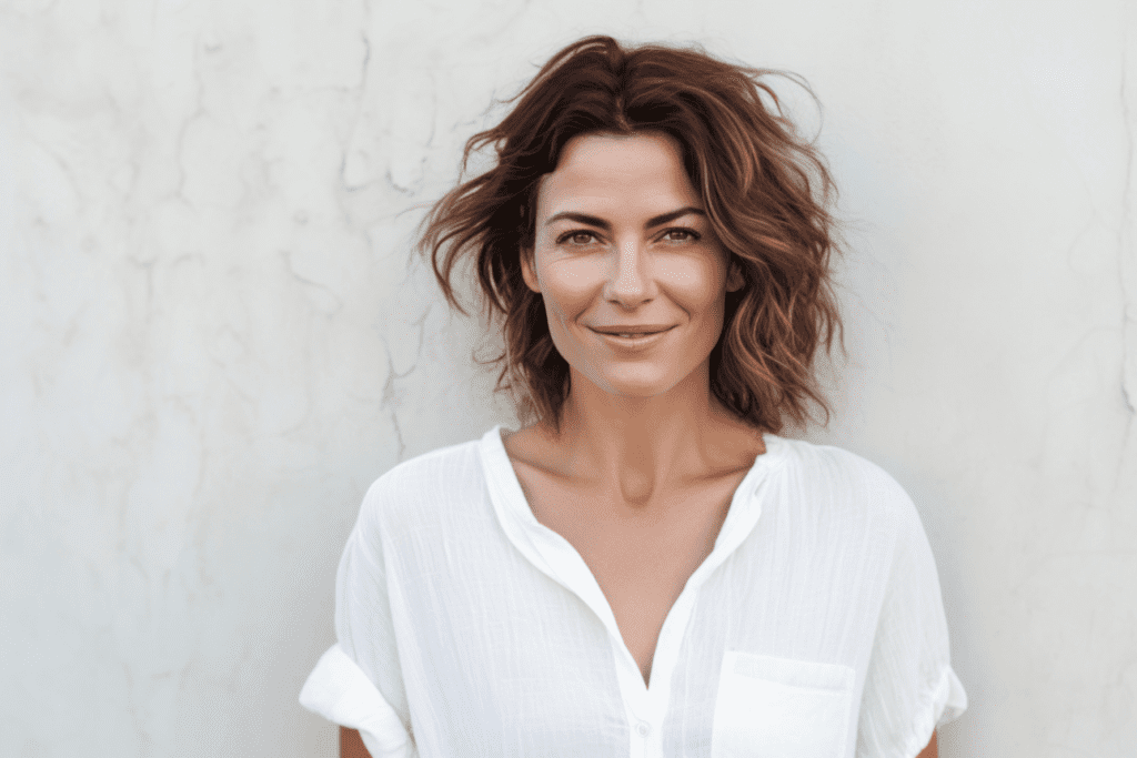 Dysport for frown lines shown on a woman with a smooth forehead and soft smile in natural light.