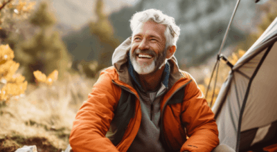 Man camping after addressing symptoms of male menopause, improve energy levels, enhance mood, and boost libido with andropause treatment.