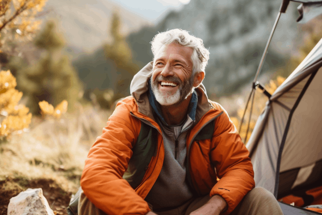 Man camping after addressing symptoms of male menopause, improve energy levels, enhance mood, and boost libido with andropause treatment.