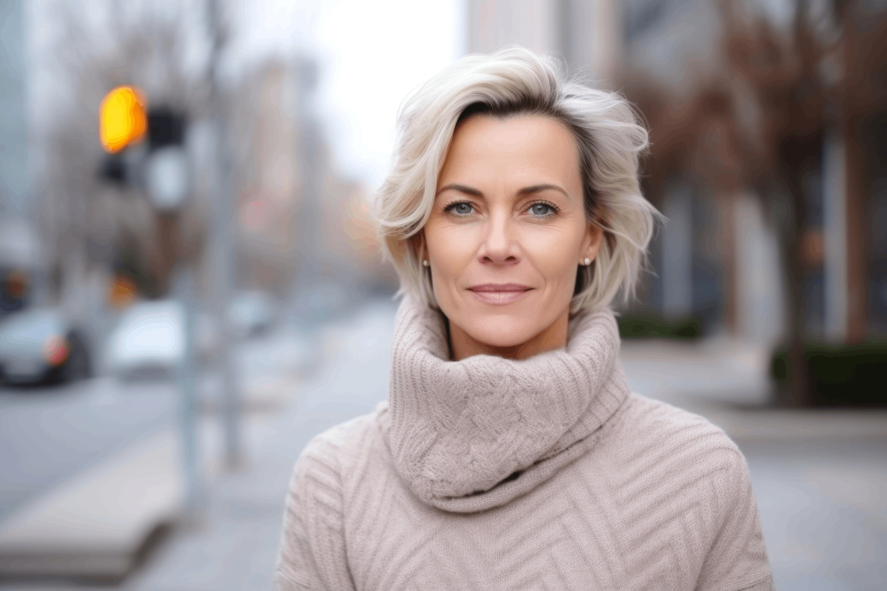 Beautiful middle age lady standing in the city after receiving juvederm