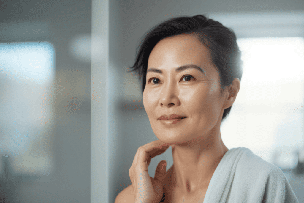 Confident middle-aged woman with radiant skin after non-invasive anti-aging treatments.