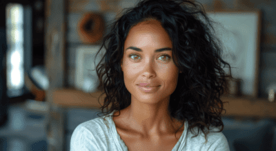 Professional Hydrafacial treatment results showcased by woman with clear, glowing skin and natural makeup.