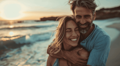 Middle-aged couple laughing and embracing on a beach at sunset, illustrating the vitality and emotional wellbeing associated with hormone replacement therapy.