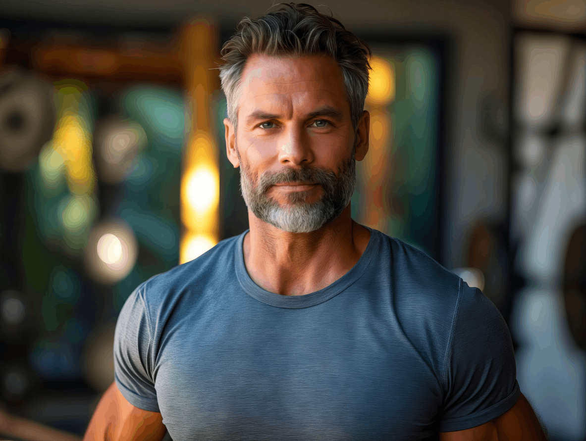 man in gray shirt using testosterone replacement therapy to address low testosterone levels, improve energy, enhance mood, and boost libido.