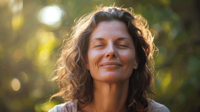 Woman's face glowing in the sun after taking Hormone Pellet Therapy, a personalized approach to hormone replacement.