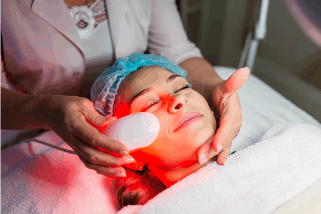 Aesthetician performing red light therapy as part of a skin tone correction facial session.