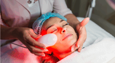 IPL photofacial being performed on a woman’s face using a red light device in a clinical setting.