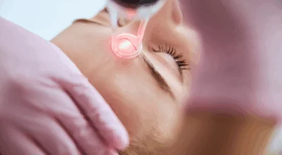 Hyperpigmentation removal treatment using a focused laser device near a woman’s eye.