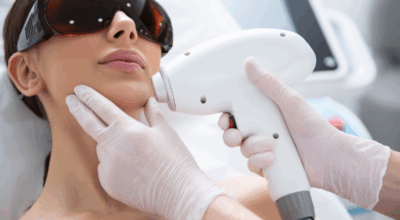A woman receiving a clinical beauty treatment with a laser device while wearing protective goggles.
