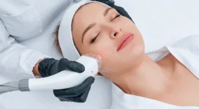 Aesthetician performing microneedling for large pores on a woman’s cheek using a handheld device.