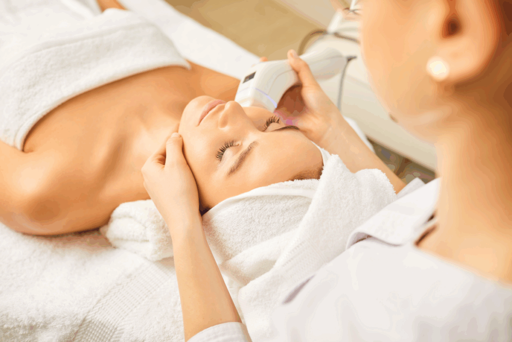 Aesthetician performing laser treatment for wrinkles on a woman’s face in a spa setting.