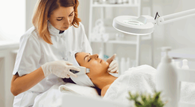 A licensed aesthetician performing a facial treatment on a client at a medical aesthetics center.