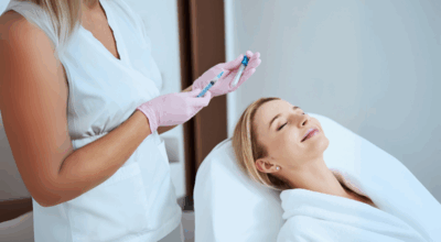 PRP hair restoration treatment being injected into a woman's scalp by a specialist wearing pink gloves.