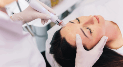 RF facial treatment being performed on a woman’s forehead with a handheld device.