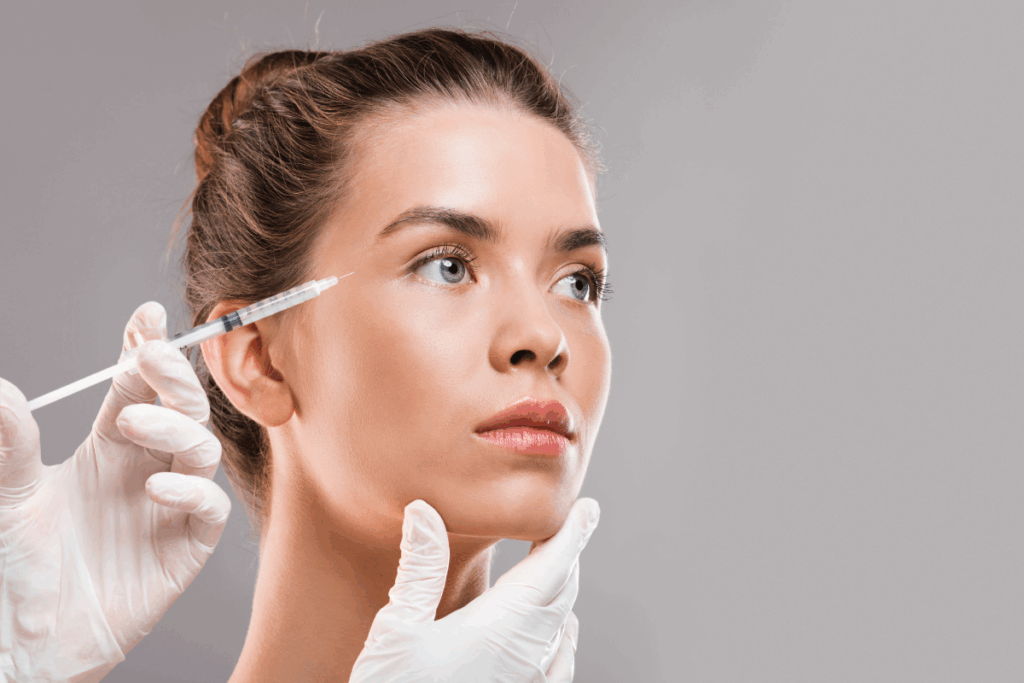 Injectable anti-aging treatments targeting eye area of woman during cosmetic procedure with gloved hands.