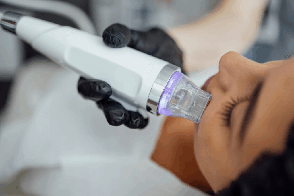 Professional using advanced skincare device to reduce wrinkles naturally on a patient’s face.