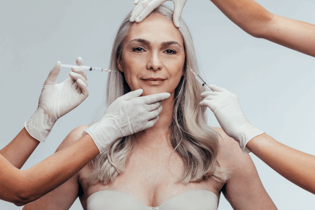Dysport wrinkle treatment applied to mature woman’s face by multiple gloved hands in cosmetic procedure.