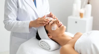 Custom facial treatment with an esthetician applying skincare cream to a relaxed client's forehead and cheek at a medical spa.